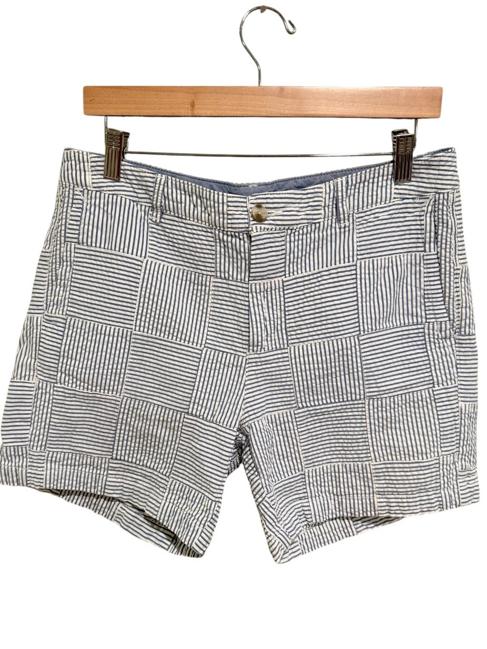 L.L. Bean Women's Perfect Fit Navy & White Patchwork Stripe Bermuda Shorts - 10